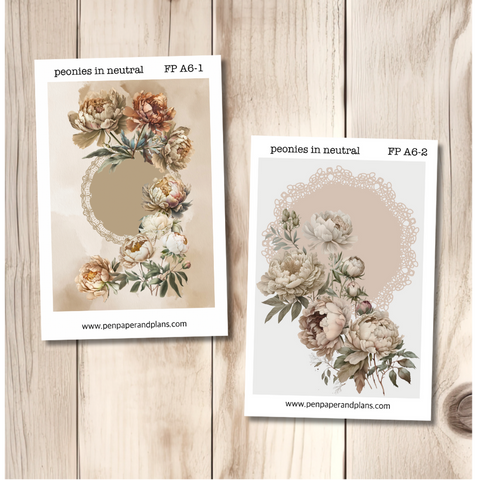 Peonies in Neutral Full Page A6 Sticker